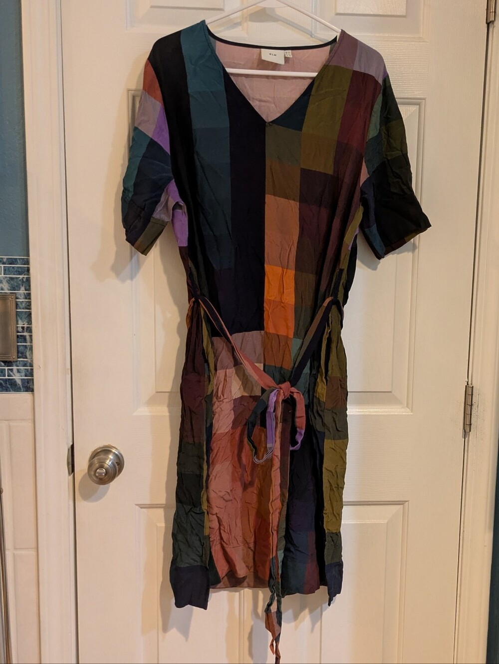 Elk Multicolor Patchwork V-Neck Tie-Waist Mini Dress